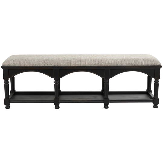 59" Black & Beige Fabric Arched Storage Bench with Traditional Turned Legs